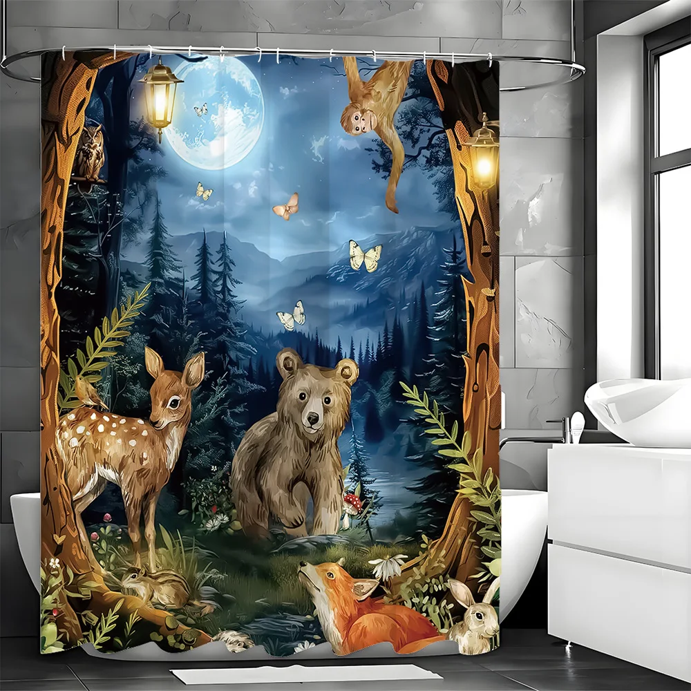 

Animals in the Deep Forest at Night Shower Curtain Washable Dirt-Resistant Shower Head waterproof Polyester Bath Curtain