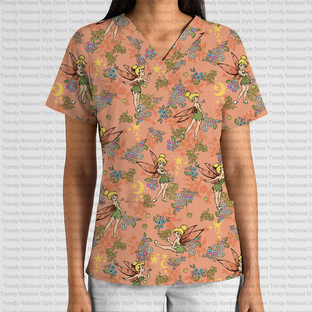 New Fashionable Women's Work Uniform Wear-Resistant V-Neck Pocket Frosted Top Disney Princess Print Elegant Beauty Salon T-shirt