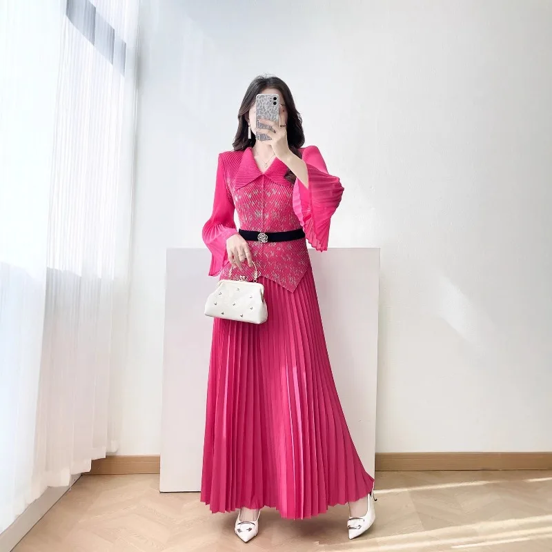 بدلة نسائية مياكي بطيات 2026 موضة أوروبية جديدة ختم الخصر بلوزة رقيقة مزاجه أنيقة Plisse نصف تنورة 2 مجموعات