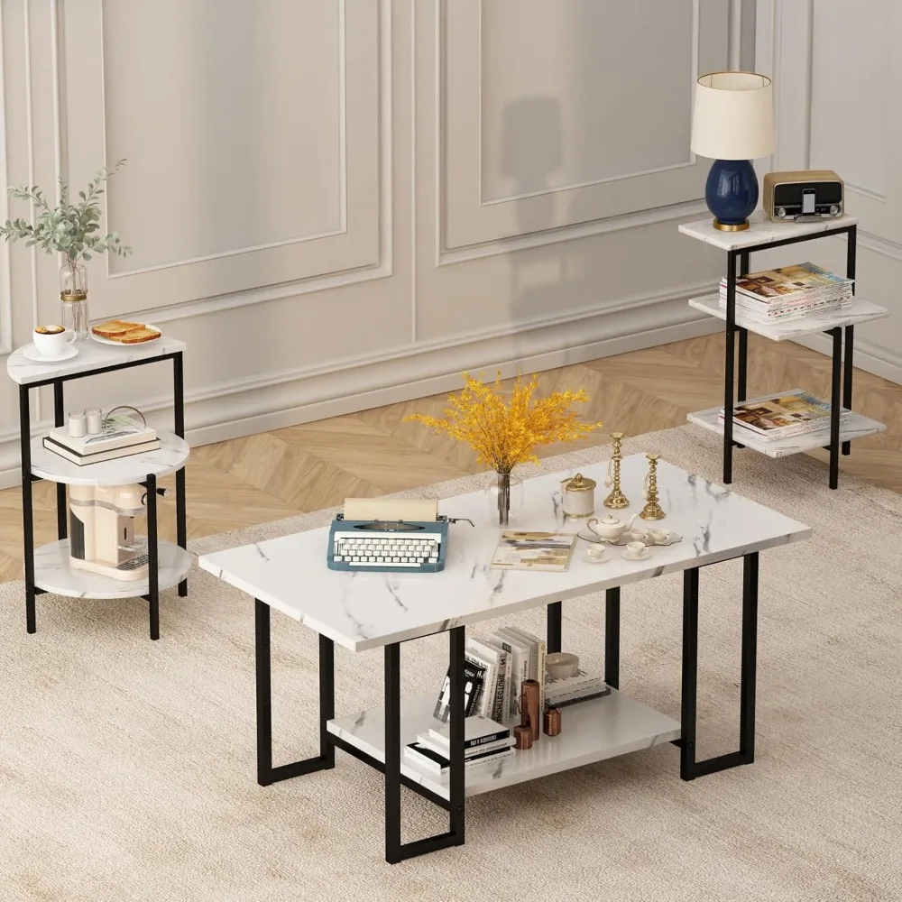 Faux Marble 3-Piece Table Set: Coffee Table with Two Side Tables, Metal Frame, Ideal for Living Room