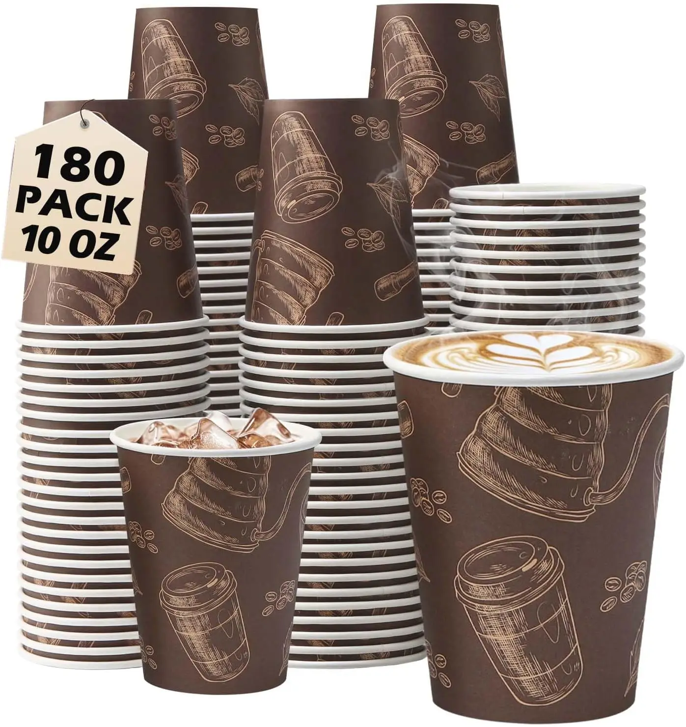 

180 Pack 10 oz Disposable Paper Coffee Cups, Hot/Cold Beverage Drinking Cups, Brown Hot Coffee Cups for Party, Picnic, T
