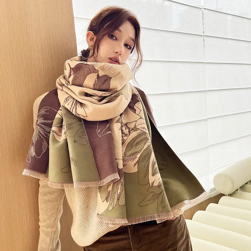 Luxury Cashmere Floarl Scarf Winter Women Pashmina Shawls Warm Blanket Wraps Female Foulard Bandana Brand Thick Scarves Hijab