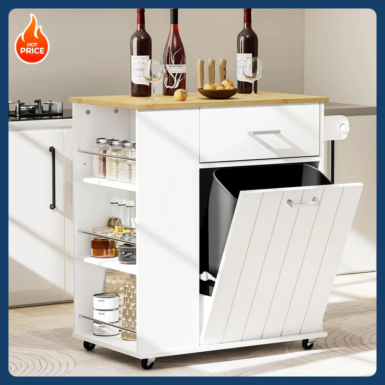 

[Best Seller!]Rolling Kitchen Island with Trash Can Storage, Portable Kitchen Island on Wheels with Towel Rack & Spice Rack, Til