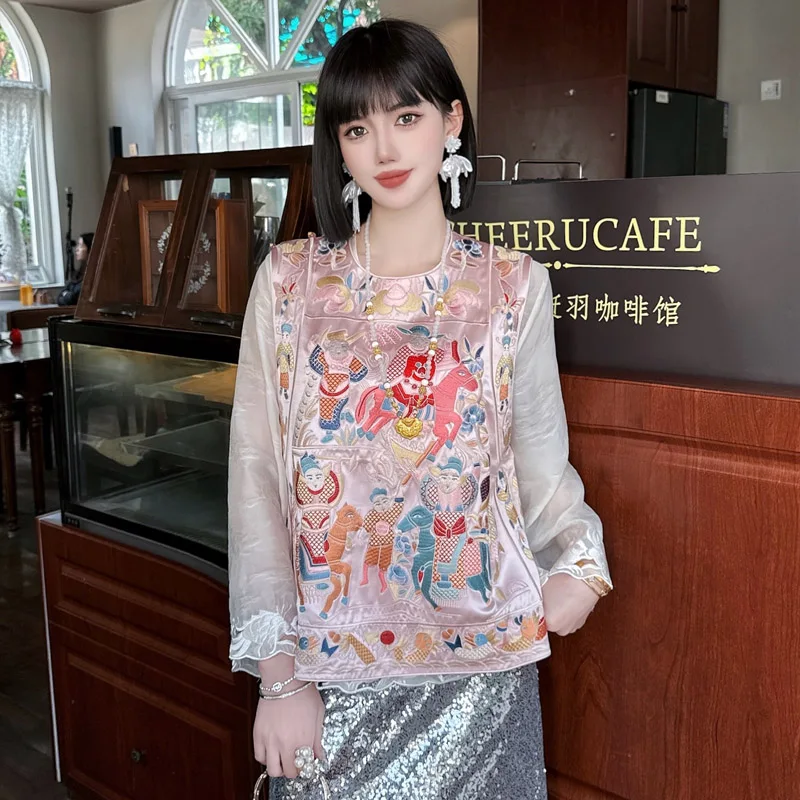 Spring And Summer New Fashion O-Neck Women's Chinese Style Acetate Fabric Flowers Embroidered Loose Vest S-XXL