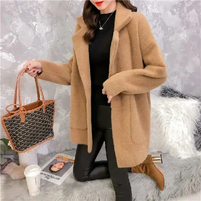 

Women's Faux Mink Cashmere Cardigan Coat, Female Casual Sweater, Thick Warm Knitted Sweaters, Lady Jacket, Spring, Autumn, New