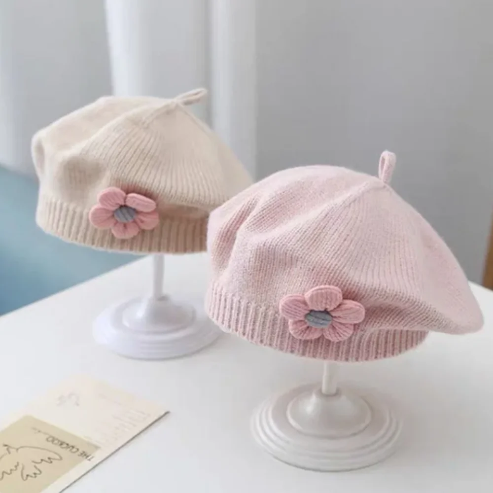 Flower Baby Beret Hat Solid Color Winter Warm Knitted Beanie Cap For Infant Girl Korean Toddler Princess Artist Painter Cap 2023