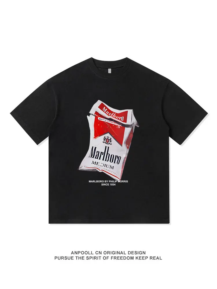 American-style Cigarette Box Letter Marlboro Printed Pure Cotton Summer  Short-sleeved Shirt for Men and Women Loose-fitting Top