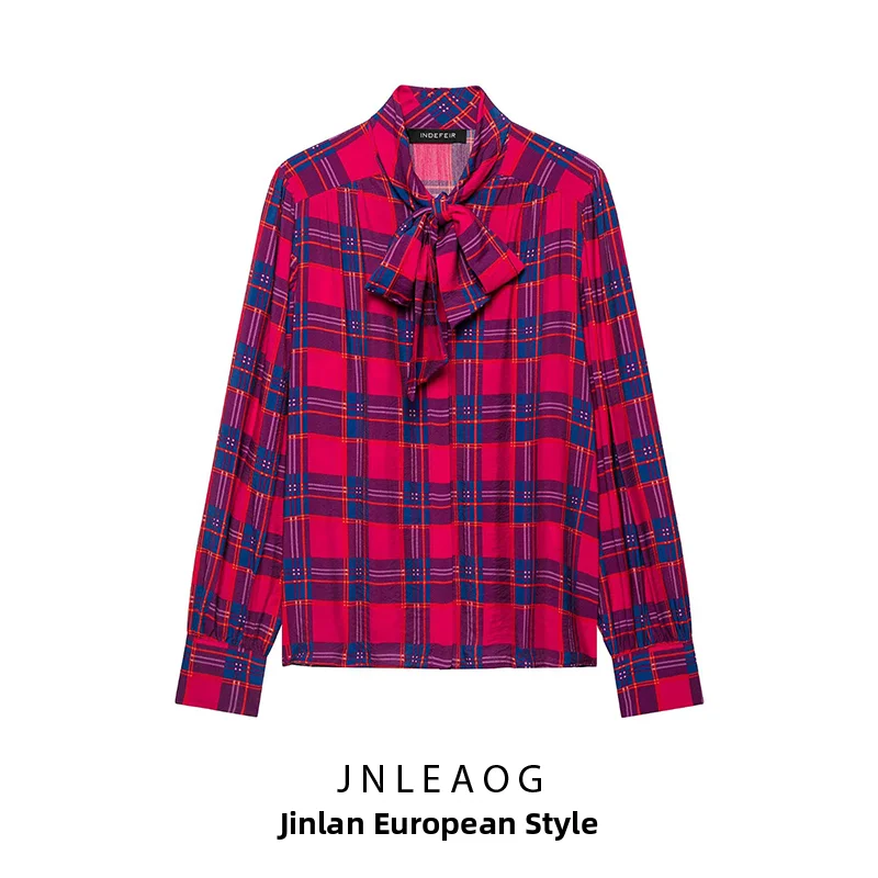 JNLEAOG Autumn New Fashion Simple Stylish Plaid Shirt with  Knot Decoration Women's Polyester Long Sleeve Blouse