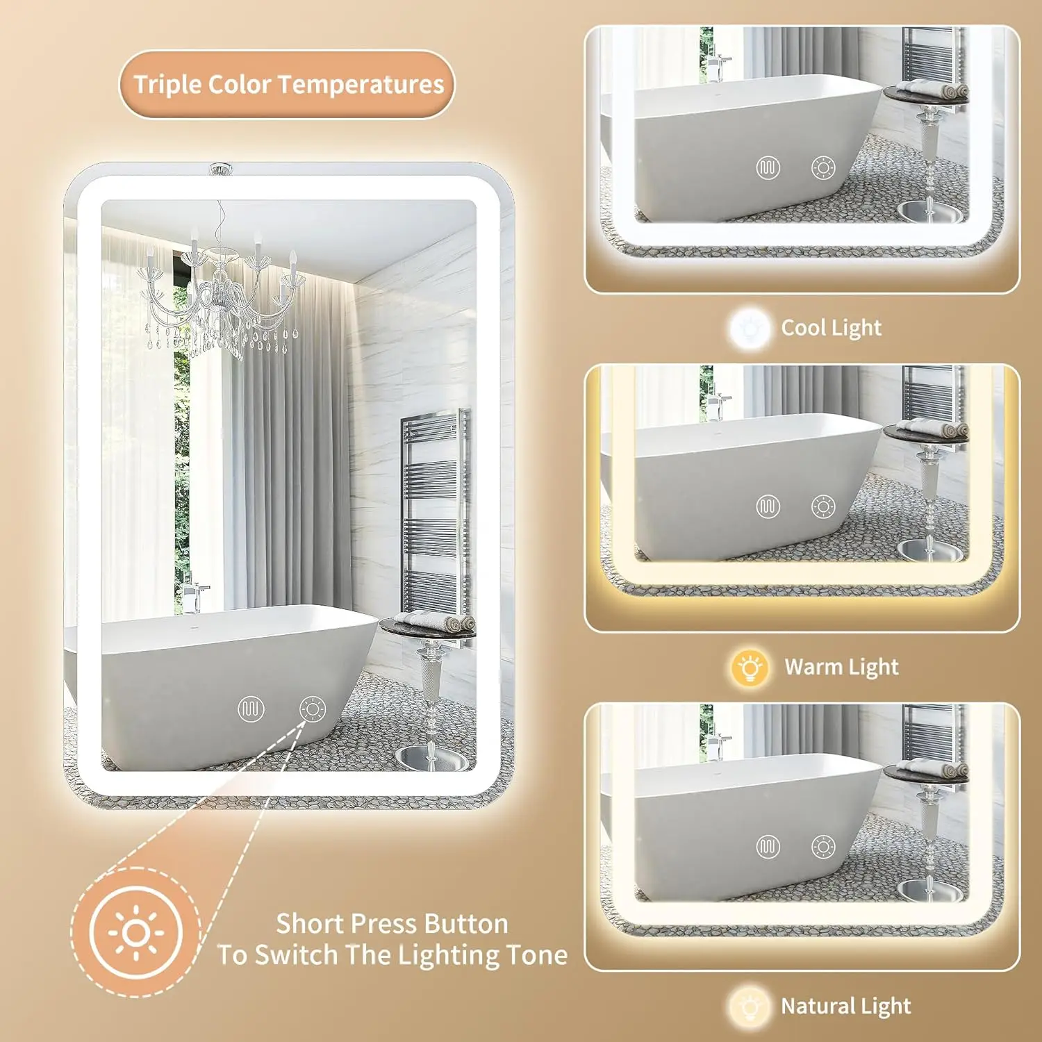 20X28Inch Led Bathroom Mirror Rounded Corner Rectangle Frameless, 3 Colors Lighted & Stepless Dimmable