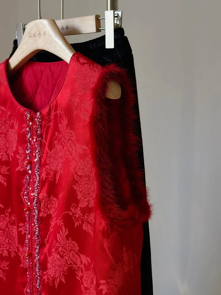 Red New Year Women's Outerwear Cotton Vest Chinese Sle Autumn Winter New Faion High-End Sensation Streetwear Polyester