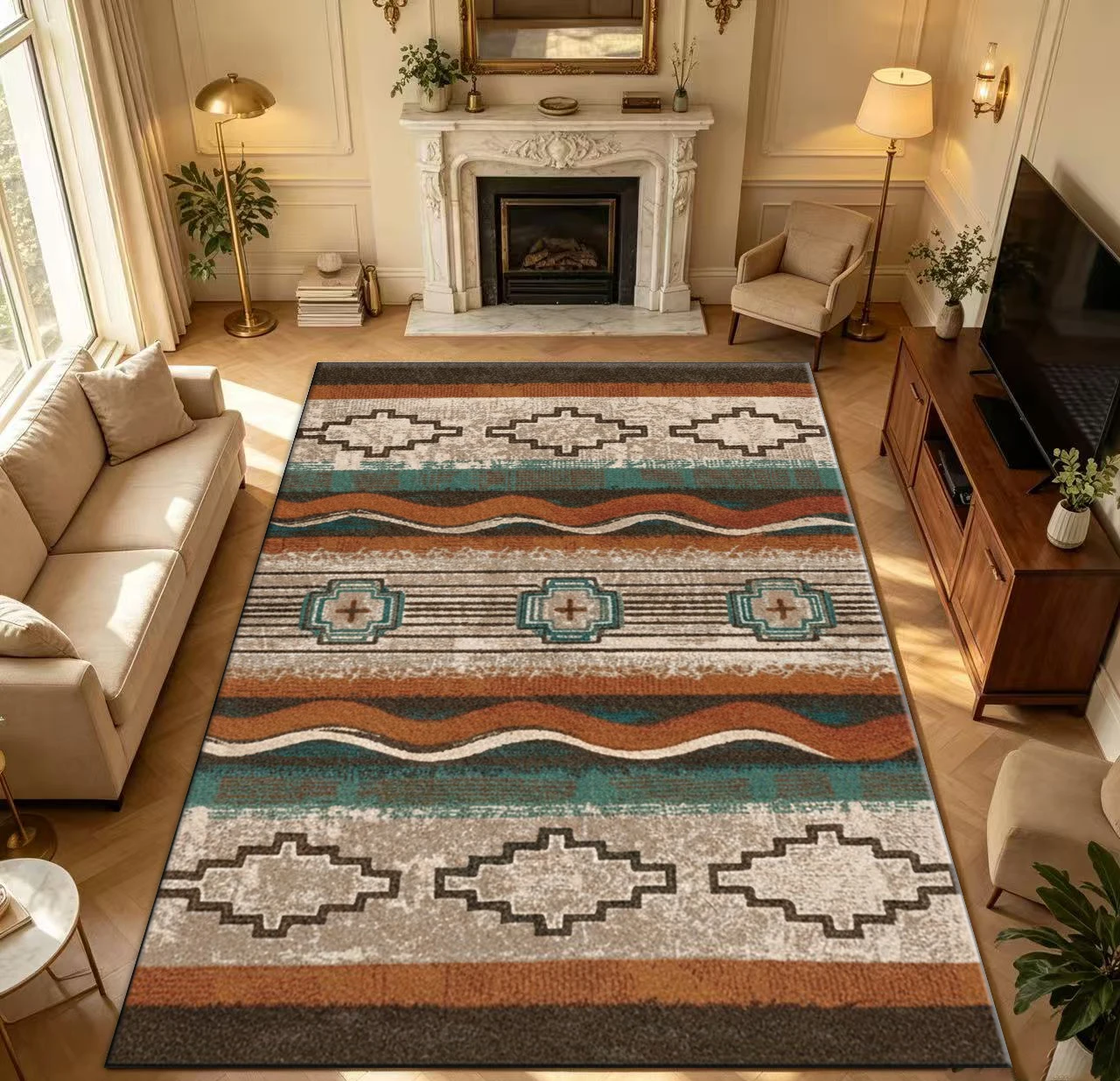 Square Western Striped Geometric Area Rug Non-Slip Washable Carpet Home Decor For Living Room Bedroom