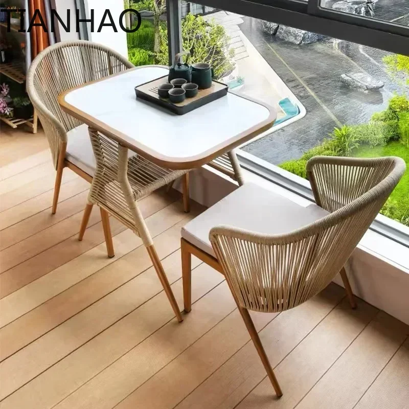 Fa 3pcs Saving Space Balcony Patio Furniture Metal Aluminum Wicker Coffee Table And Chair Garden Sets