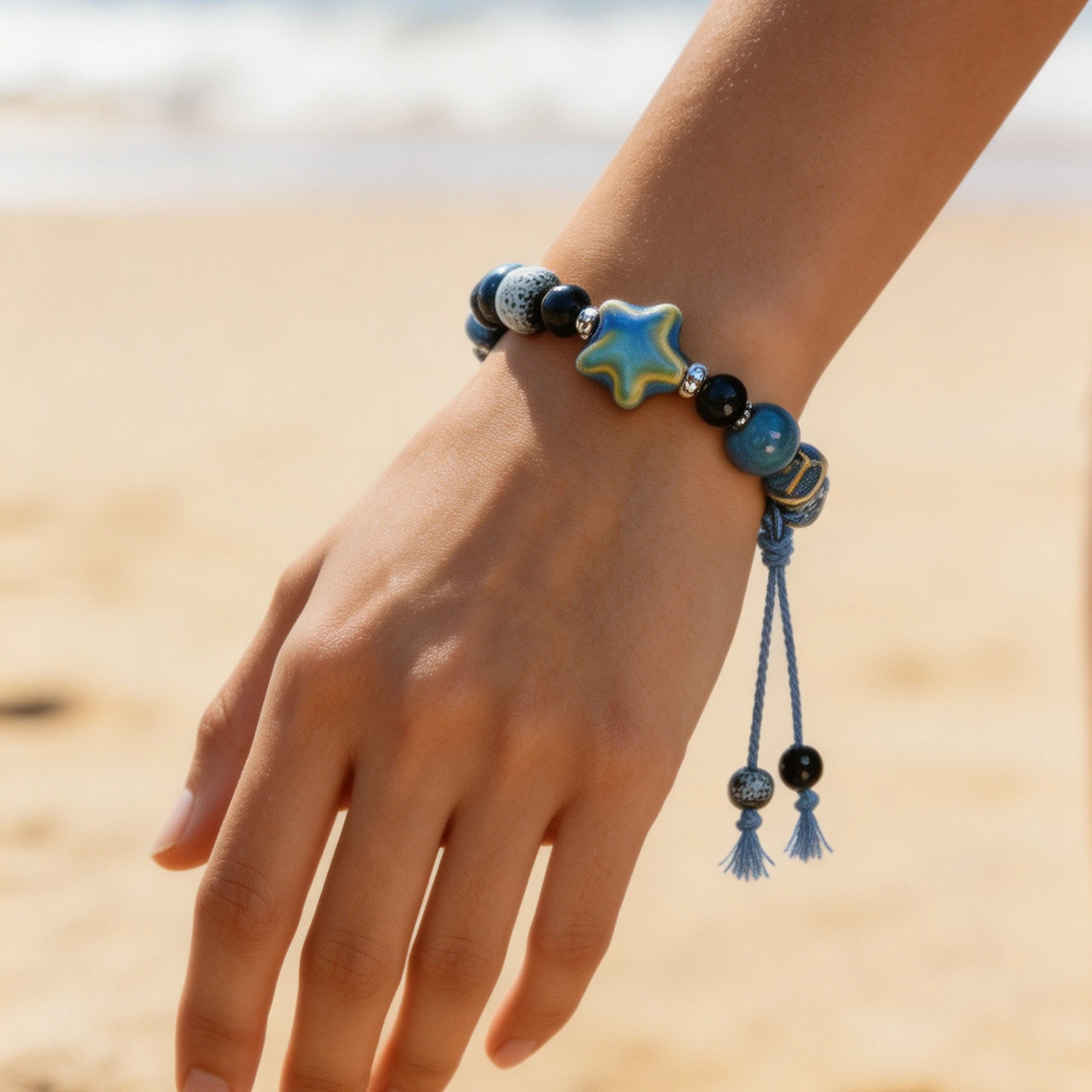 Boho Star Ceramic Beaded Bracelet Adjustable Tassel Wristband Ocean Beach Women Jewelry Charm Adjustable Blue Tassel Wrist Band