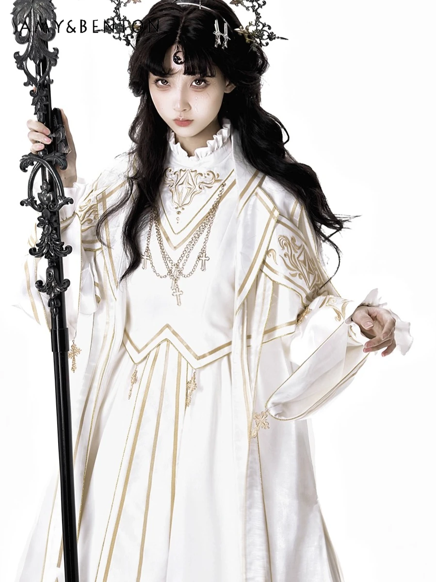 

Japanese Harajuku Palace Style Cosplay Set Subculture Gothic Lolita Retro Embroidery Stand Collar Mid-Length Dress Coat Sets