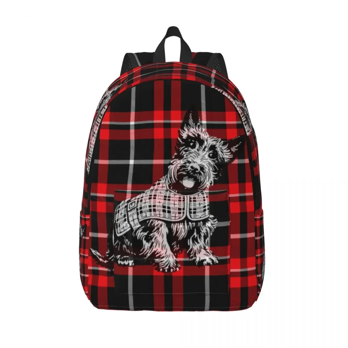 

Scottish Terrier Dog On Red And Black Tartan Plaid Canvas Backpacks for Boys Girls Scottie Pet School College Travel Bag Bookbag