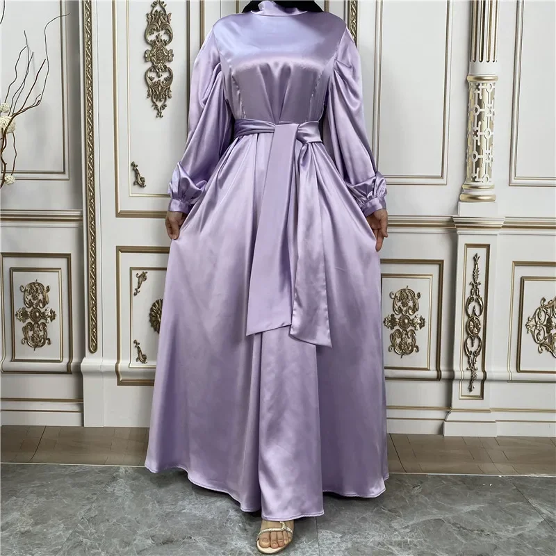 

Fashion Women Islamic Satin Muslim Dress Hijab Arabic Closed Abaya Dubai Balloon Sleeve with Ribbon Eid Ramadan Turkish Dresses