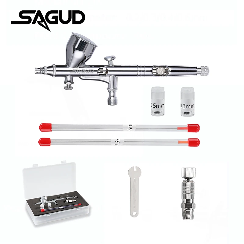 SAGUD Dual Action Airbrush Kit 0.3/0.5mm Gravity Feed Spray Gun with Accessories for Model Painting, Nail Art, Cake Decorating ﻿
