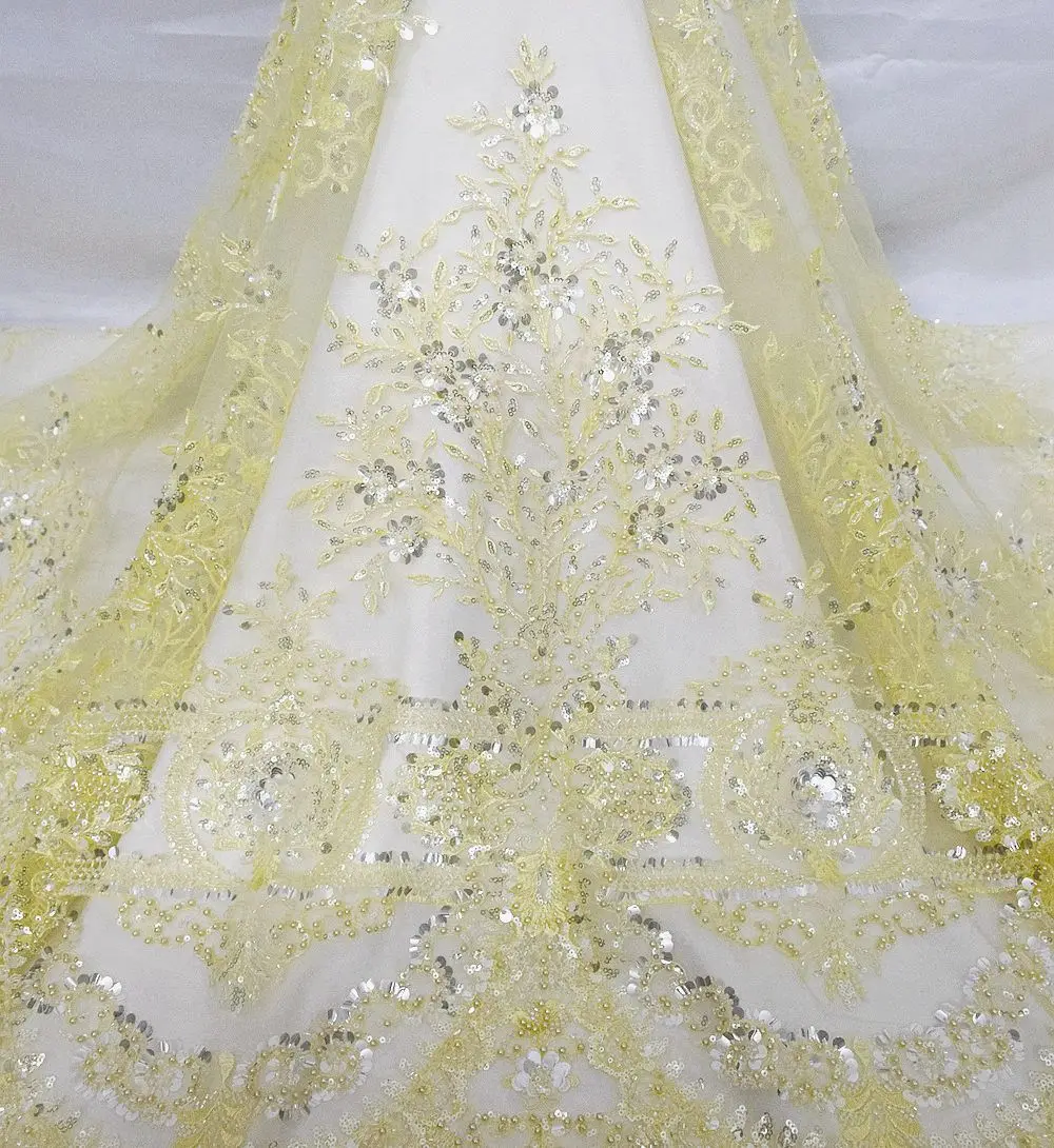 New Gorgeous 3D Soft Yellow Beaded Pearl Lace Sequins Wedding Bridal Beads Tulle Dress Fabric  Material 5 Yards HY2251