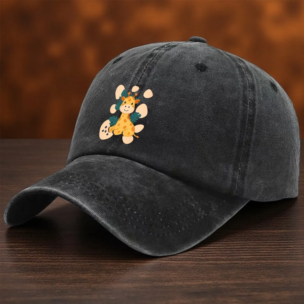Cartoon Giraffe Baseball Cap Washed Denim Animal Graphic Adjustable Duckbill Hat for Unisex Travel