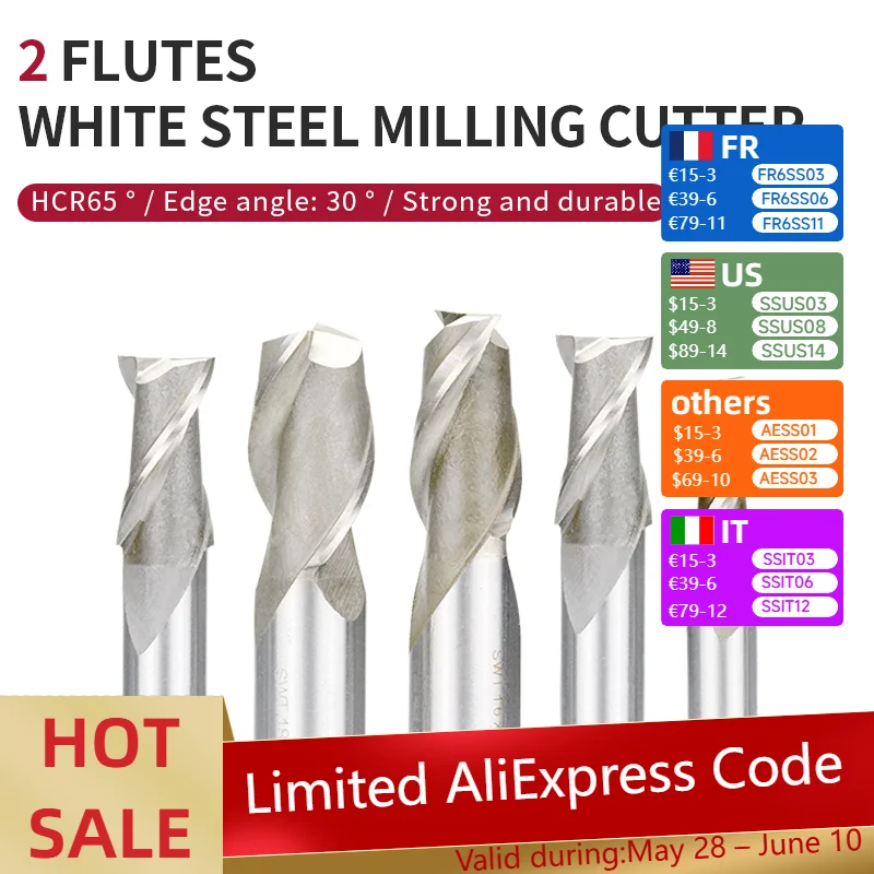 

CNC Machining 2Flute Tungsten Steel Alloy White Steel Milling Cutter 3*6*8*52/8*8*19*63 Variety Pack Options for Machine Tools