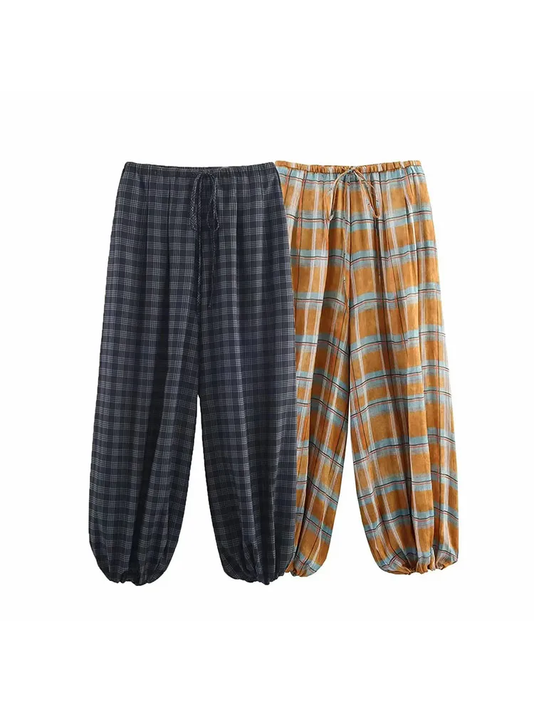 Women's 2025 Autumn Fashion Versatile Bloomers Plaid Printed Loose Pants Female High-Waist Drawstring Casual Trousers