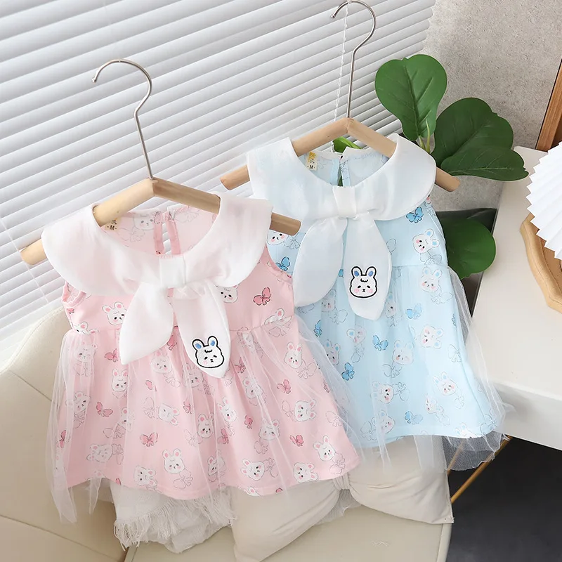 

Cute Baby Girl Dress Bow Doll Collar Rabbit Printed Baby Dress Summer Chiffon Dress for Kids