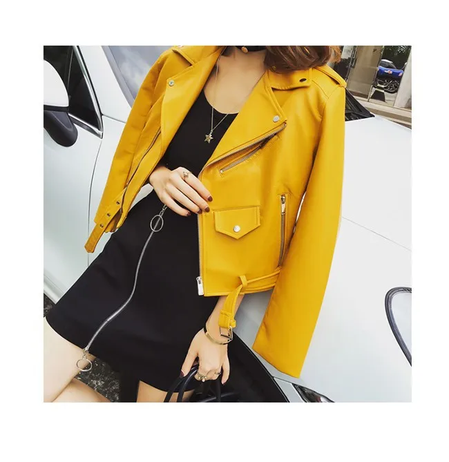 Fashion Women Autunm Black Faux Leather Jackets Lady Bomber Motorcycle Cool Outerwear Coat with Belt Hot Sale Suit Jackets