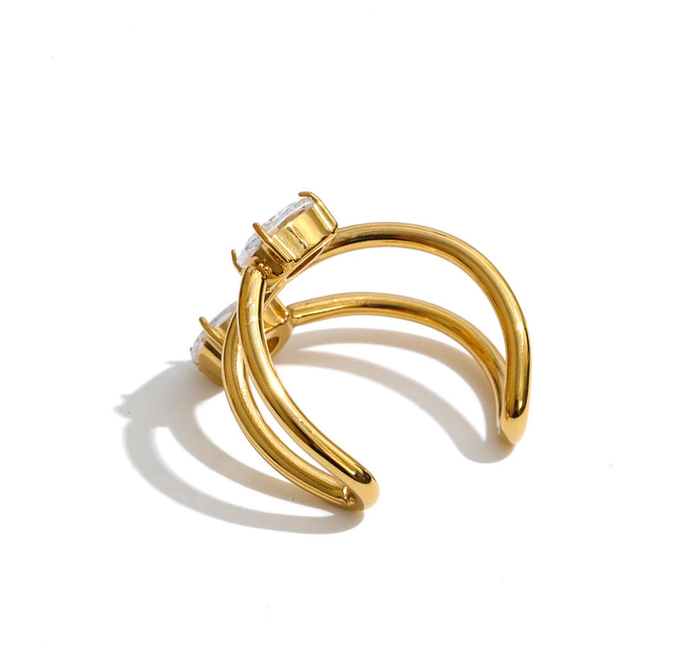 Yhpup Edelstahl-Ring mit Zirkonia, verstellbar, offen, 18K PVD-beschichtet, zarter, stilvoller geometrischer Fingerschmuck – Detail 3