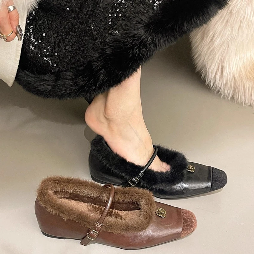 5CM Internal Height Increase French Retro Mary Jane Patchwork Square-Toe Camellia Flats Simple Commuter Women's Shoes