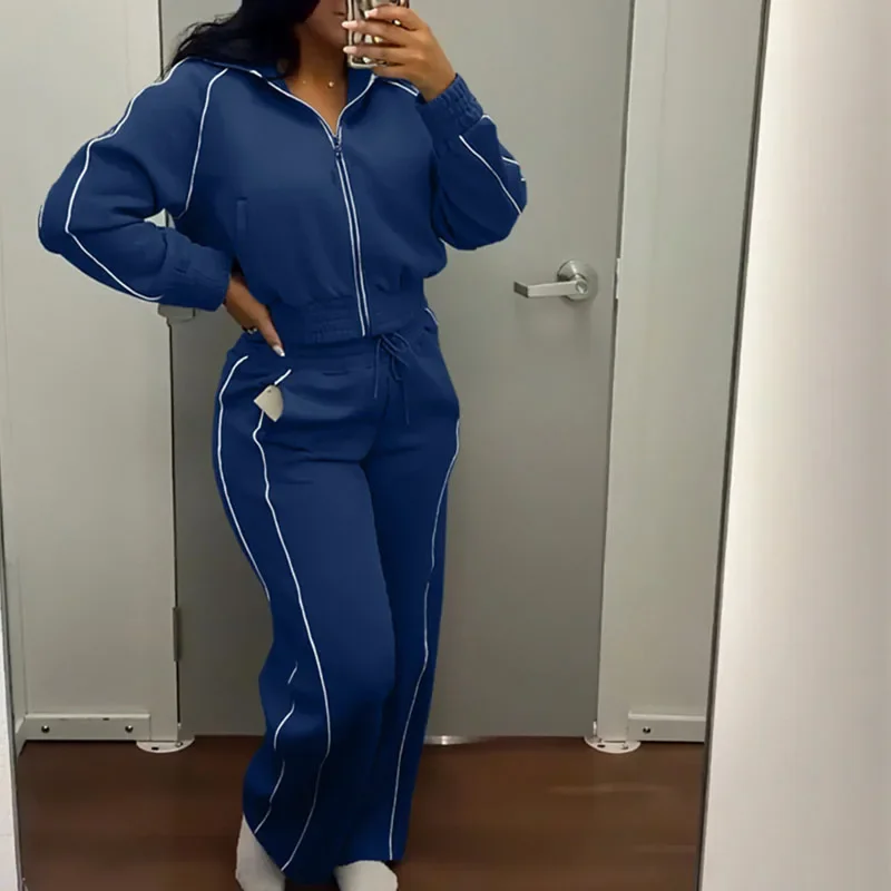 Striped Casual Fall Clothes for Woman Sets 2 Pieces Outfits Sporty Workout Long Sleeve Zipper Jacket and Sweatpants Track Suit
