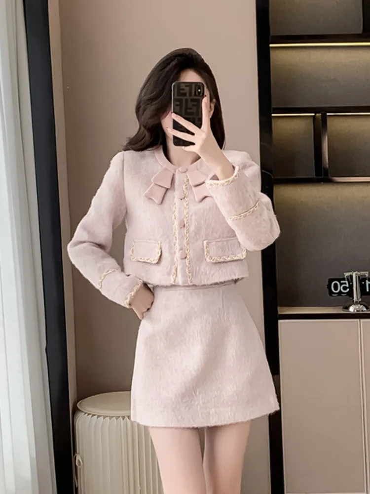 High Quality Fashion Sweet Woolen Two Piece Set For Women Fall Winter Bow Short Jacket Coat + Mini Skirt Suits Conjuntos Cortos