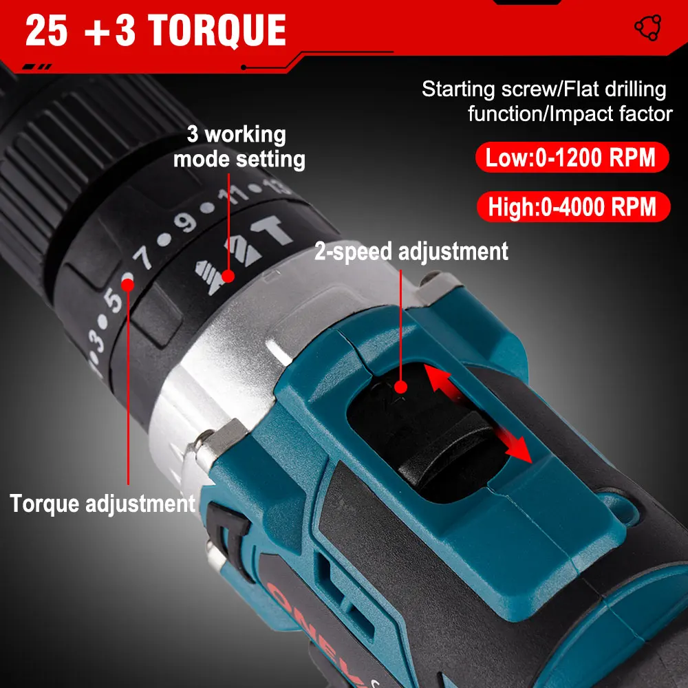 ONEVAN-martillo eléctrico sin escobillas, taladro de impacto inalámbrico 3 en 1, 13mm, para batería Makita de 18v, 25 + 3