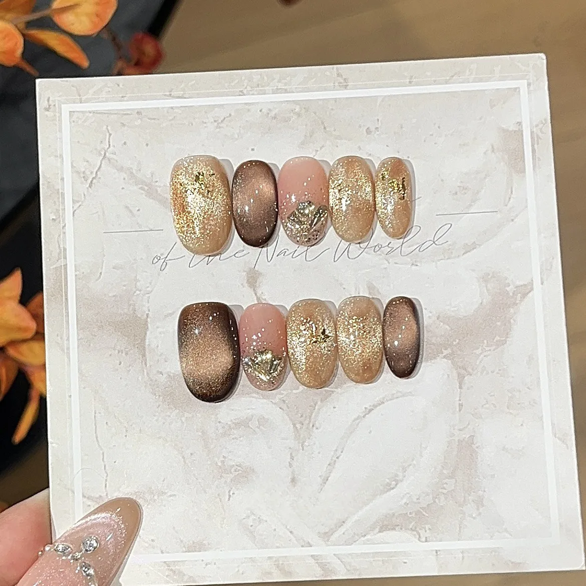 10 stuks Amber Kleur Smudge Vierkante Nagel Tips Art Goudfolie Ontwerp Stok op Kunstnagels Cat Eye Glitter Afneembare Handgemaakte Nagels