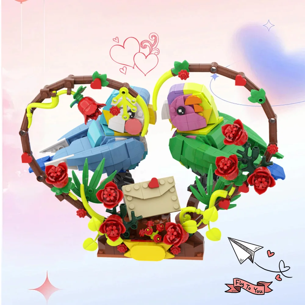 

MOC Lovebirds Model Building Blocks Flower Bird Love Letter Heart-Shaped Red Rose Parrot Bird Bricks Toy Valentine's Day Gift