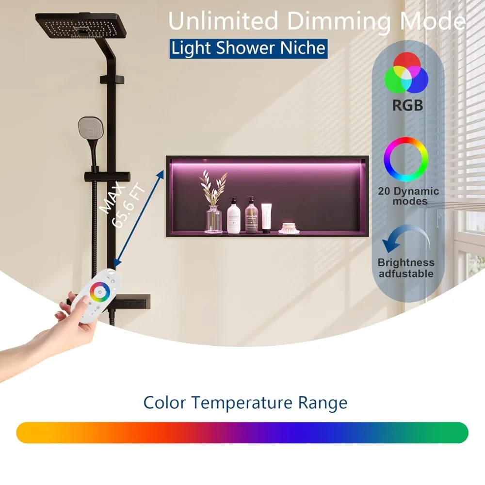 RGB LED Light Shower Niche, Matte Black 30X12 in Stainless Steel Wall Niche with Remote Control
