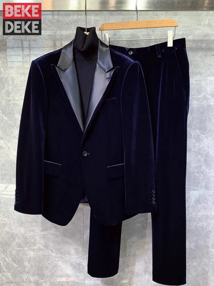 

High Quality Autumn Business Men Banquet Formal Suit Slim Fit Velvet Blazer Jacket Pants Two Piece Set Groom Wedding Dress Suits