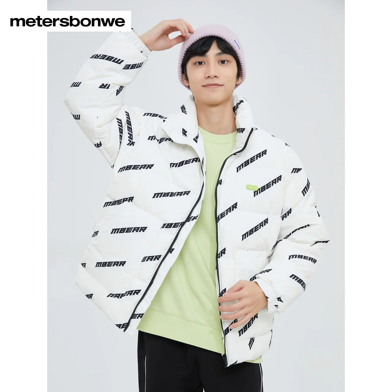 

Metersbonwe-Men's Full Letter Print Down Jackets, Casual 80% Duck Down, Thick Fashion, Stand Collar, Loose Warm Wear, Winter