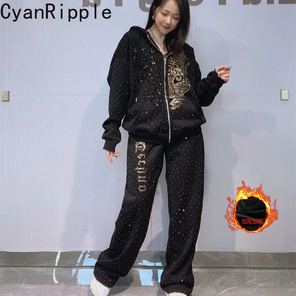Thicken Fleece Autumn Winter Women Sports Suits Hot Diamonds Hooded Zip Cardigans Coat + Fashionable Elastic Waist Loose Pants