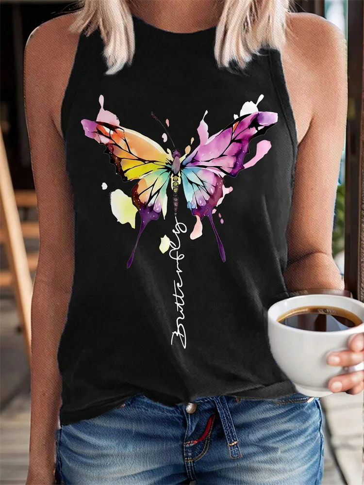 

Женский жилет без рукавов, Однотонная футболка с принтом бабочки и круглым вырезом, повседневный женский жилет для путешествий, Новинка лета 2024