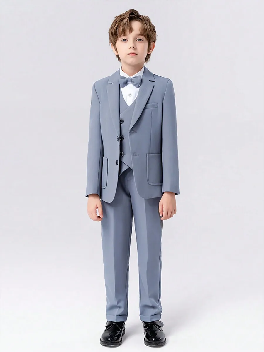 

4-Piece Boys Formal Suit Set: Blazer, Vest, Pants & Bow Tie in Slate Gray