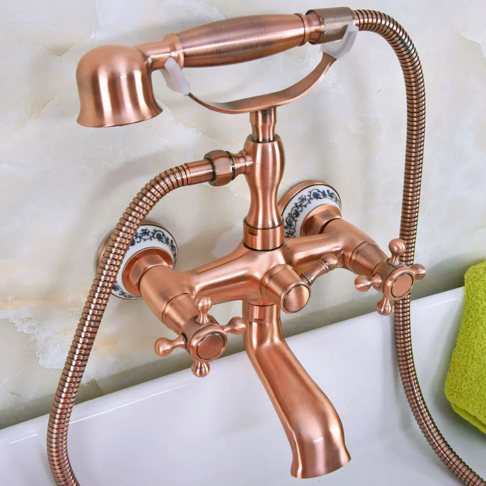 

Antique Red Copper Brass Double Handles Wall Mounted Bathroom Clawfoot Bathtub Tub Faucet Mixer Tap w/Hand Shower ana338