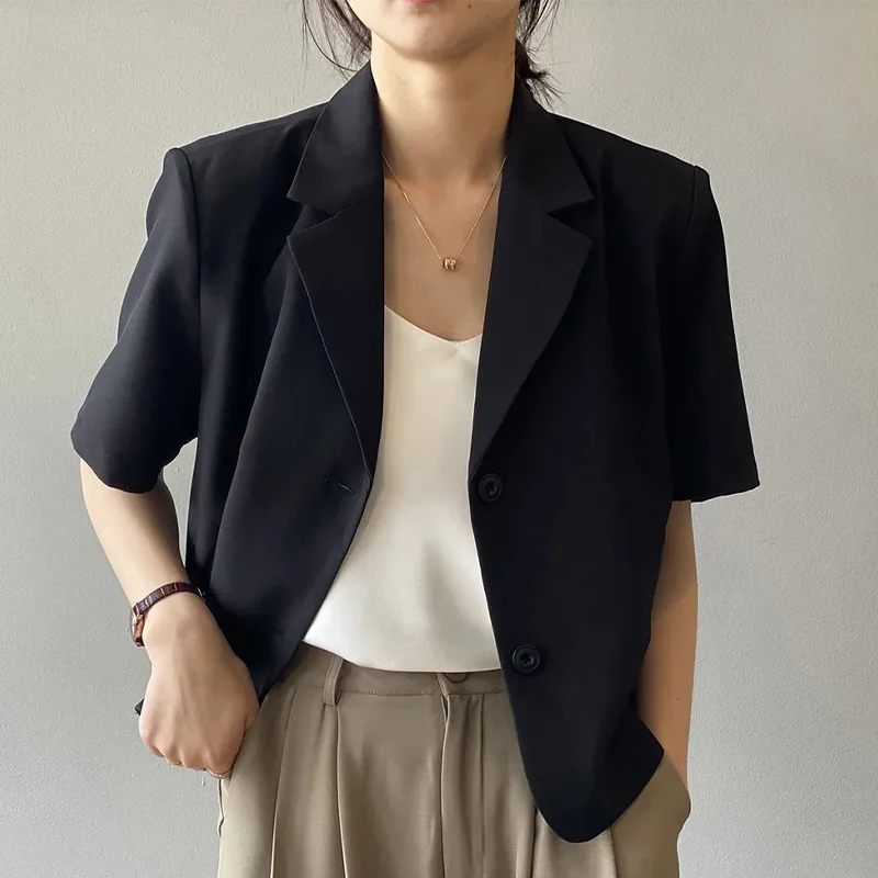 Korean Style Short Sleeve Suit Jacket Women's Summer Casual Thin Draped Short Top Button up Pure Color Commute Friendly