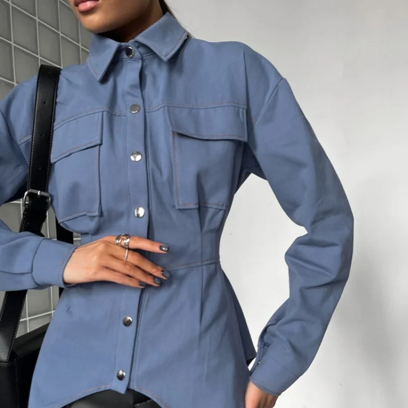 Camisa de manga larga con solapa Irregular para mujer, nueva camisa de diseño, moda exterior, otoño