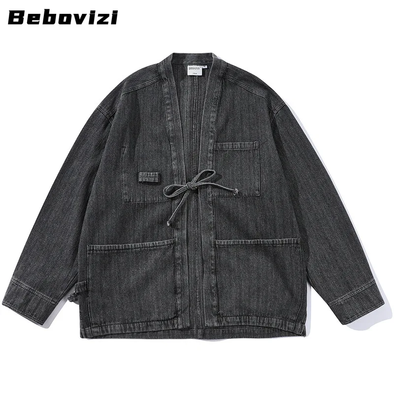 Fashion Denim Jacket Japanese Cardigan Cotton Kimono Vintage Traditional Haori Asian Jackets Clothing 2024