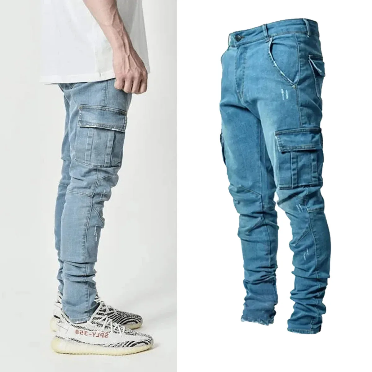 Street Elastic Jeans Men Denim Cargo Pants Wash Solid Color Multi Pockets Casual Mid Waist Trousers Slim Fit Daily Wear Joggers