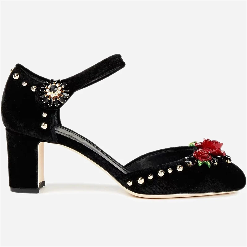 Summer Designer Rhinestone Rose Embellished Velvet Buckle High Heels Pumps Buckle Hollow Retro Rivet Luxury Mary Janes Shoes