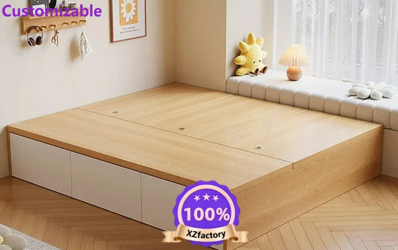 Factory Direct 2026 Solid wood bed Modern simple storage Double bed High box No bedside storage Small apartment Tatami single