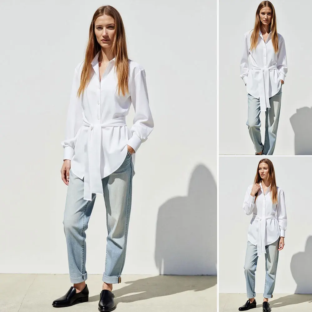 

Mia Muse Boutique, осенние рубашки 2025 г., женские приличные однотонные рубашки на шнуровке с длинными рукавами и воротником рубашки обычного кроя, рабочие рубашки