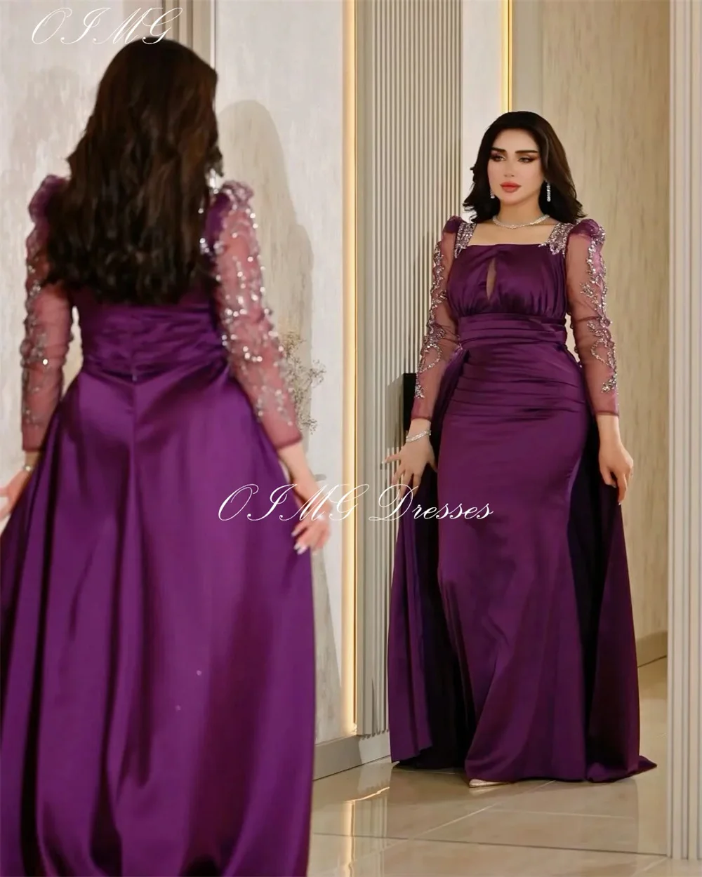 Cathy Square Collar Satin Wedding Dresses Detachable Train Mermaid فساتين سهرة Elegant Sleeves Floor-length vestidos de fiesta