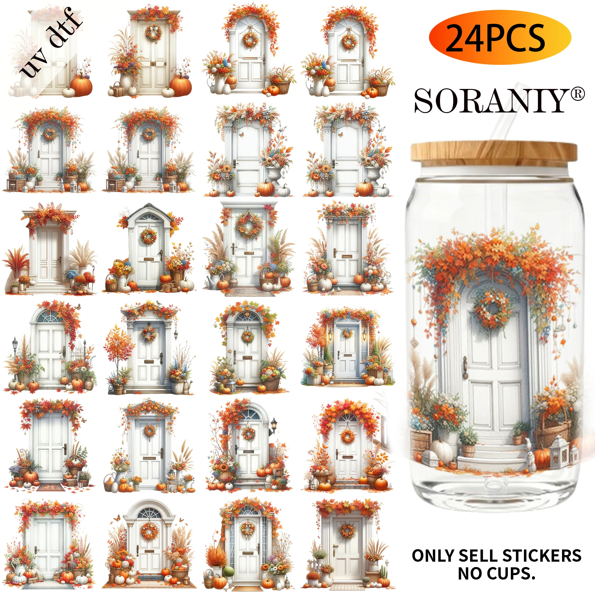 UV DTF Transfer Stickers - 24Pcs/Set Autumn White Door Theme UV DTF 16OZ DIY Transfer Stickers